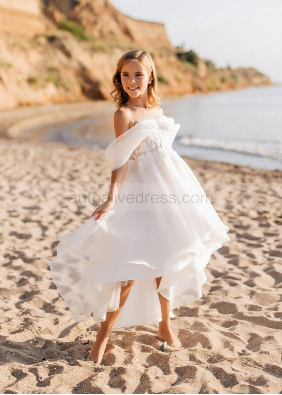 Beaded White Lace Organza High Low Flower Girl Dress